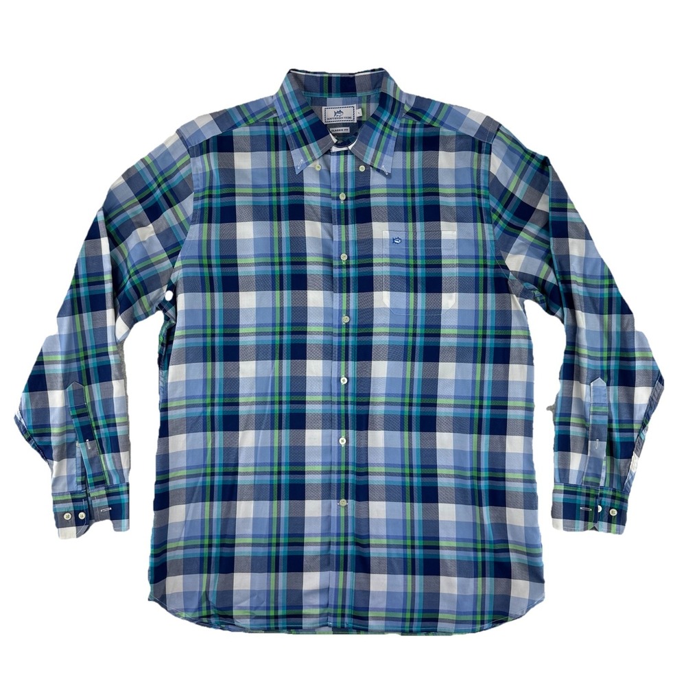 Southern Tide Button Up Shirt Mens Large Classic Fit Cotton Blue Plaid